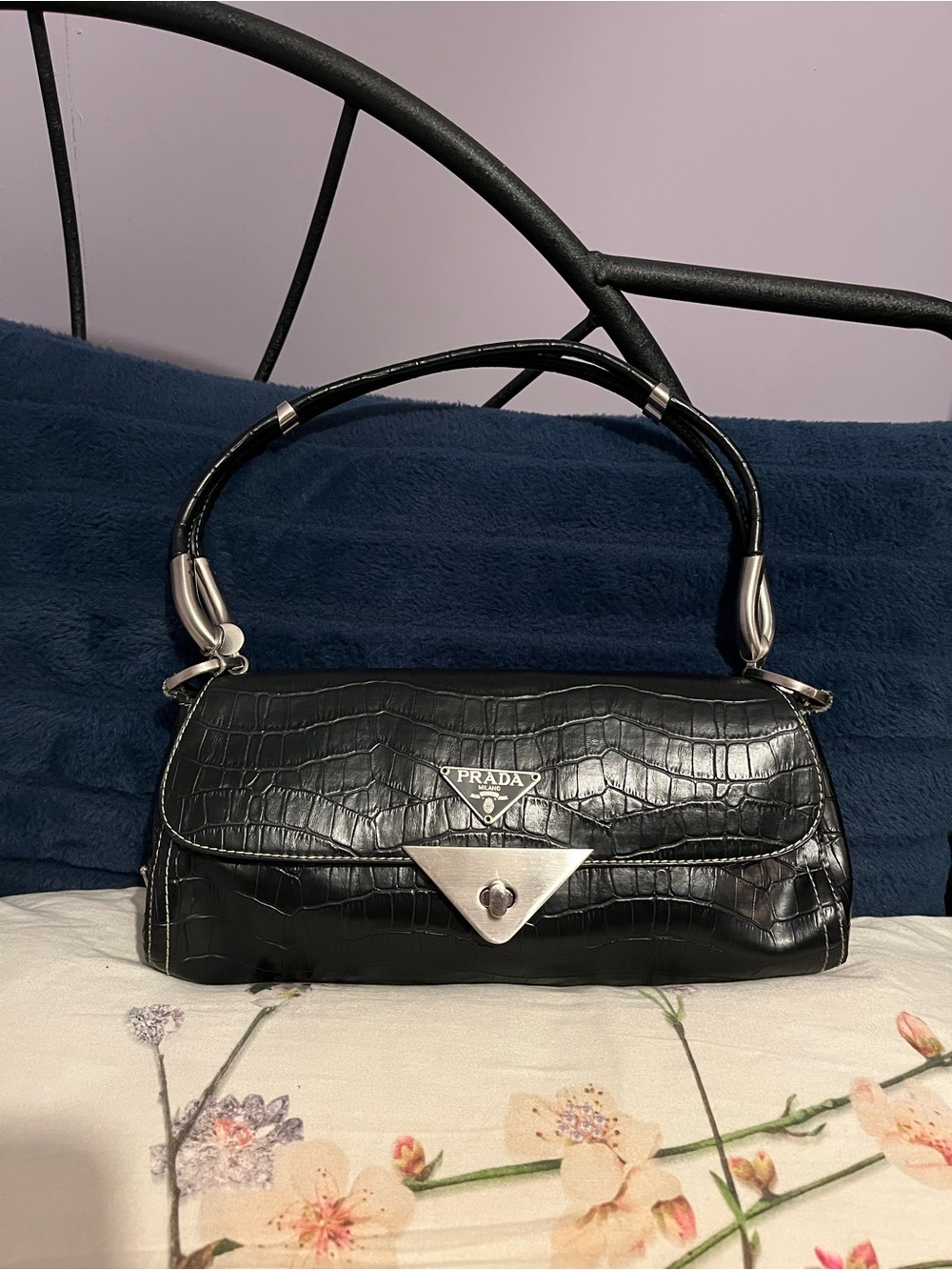 Prada Croc-Embossed Shoulder Bag